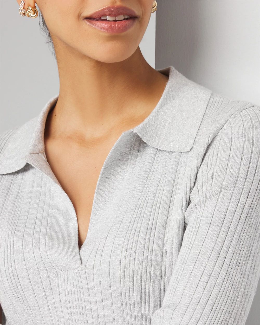 Ribbed Collar Metallic Pullover Sweater | White House Black Ribbed Collar Metallic Pullover Sweater | White House Black